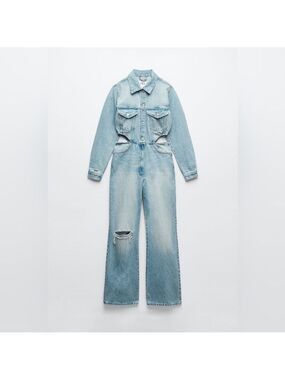 BLOGGERS FAV ZARA LIMITED EDITION CUT OUT SIDE DISTRESSED DENIM JUMPSUIT Size L